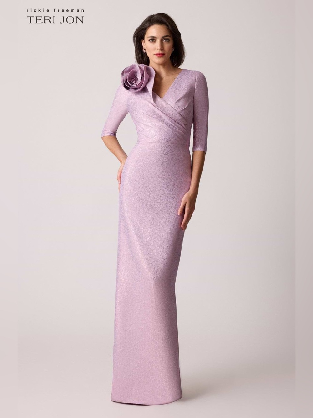 Rickie Freeman Teri Jon NWT Orchid Metallic Jacquard Speckle Pattern Flower Gown